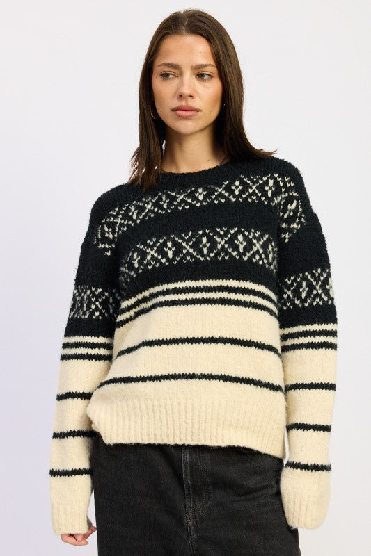 BLACK CREAM Fair Isle Striped Oversized Sweater | Sweaters Daverri Fashions