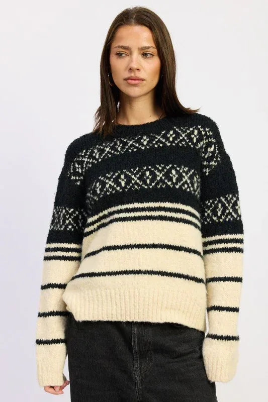 Fair Isle Striped Oversized Sweater - DAVERRI FASHIONS