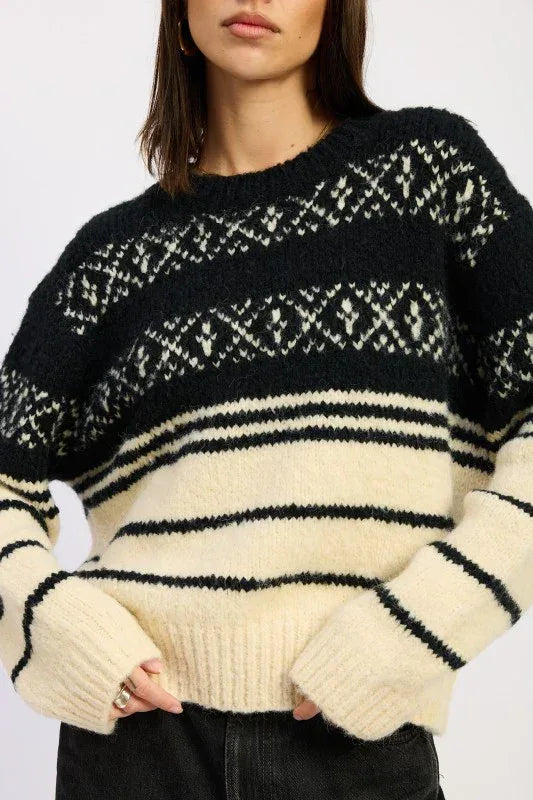 Fair Isle Striped Oversized Sweater - DAVERRI FASHIONS