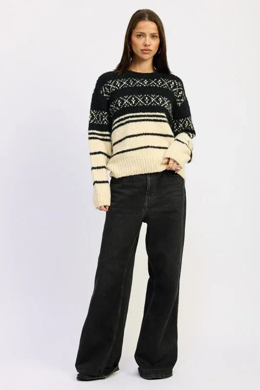 Fair Isle Striped Oversized Sweater - DAVERRI FASHIONS