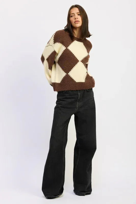 Two Tone Argyle Oversized Sweater - DAVERRI FASHIONS