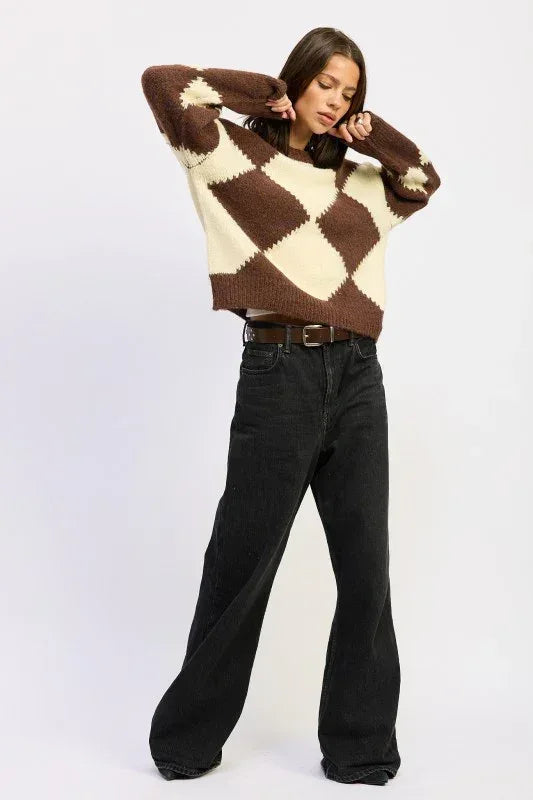 Two Tone Argyle Oversized Sweater - DAVERRI FASHIONS