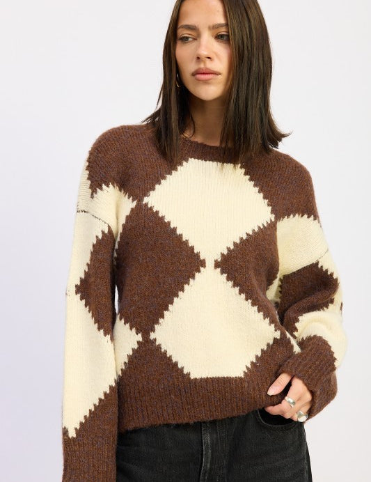 CHOCOLATE IVORY Two Tone Argyle Oversized Sweater | Sweaters Daverri Fashions