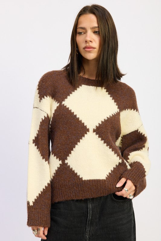 CHOCOLATE IVORY Two Tone Argyle Oversized Sweater | Sweaters Daverri Fashions