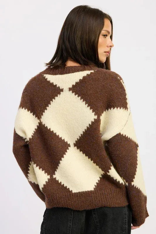 Two Tone Argyle Oversized Sweater - DAVERRI FASHIONS