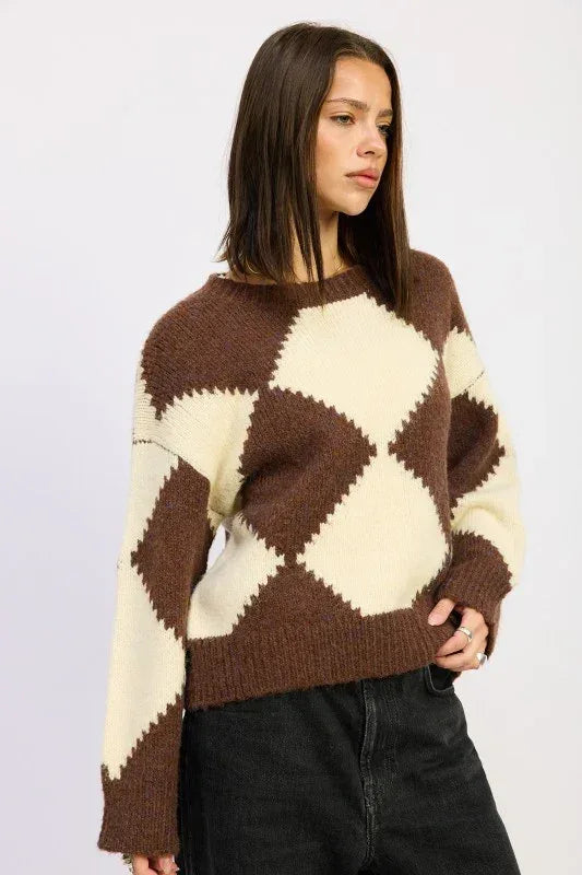 Two Tone Argyle Oversized Sweater - DAVERRI FASHIONS