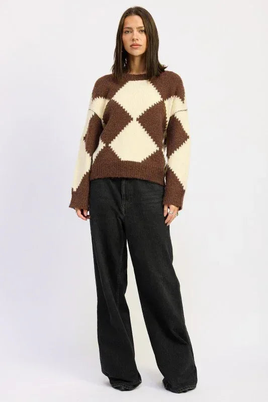 Two Tone Argyle Oversized Sweater - DAVERRI FASHIONS