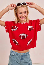 RED WHITE BiBi Gameday Sequin Football Embroidered Stitch Sweater | Sweaters Daverri Fashions