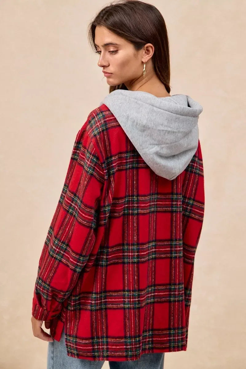 BiBi Brushed Plaid Hooded Jacket - DAVERRI FASHIONS