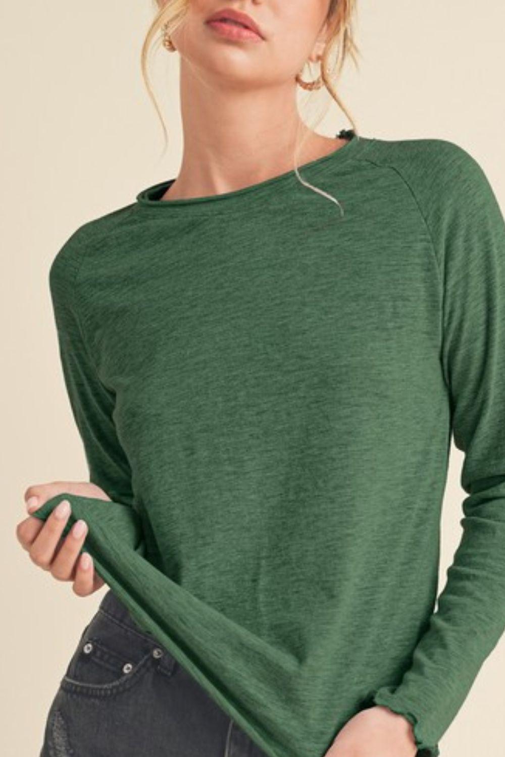 Aemi + Co Lettuce Hemline Round Neck Raglan Sleeve T-Shirt | T-Shirts Daverri Fashions