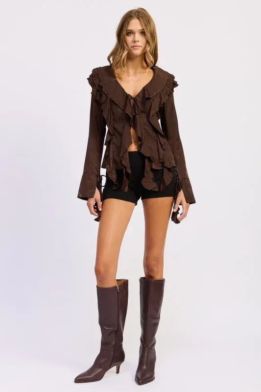 Tie Front Ruffled Top - DAVERRI FASHIONS