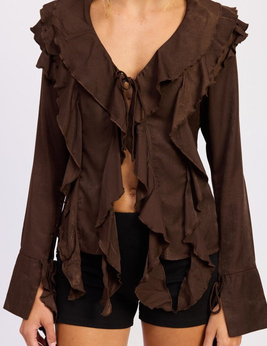 TIE FRONT RUFFLED TOP | Daverri Fashions