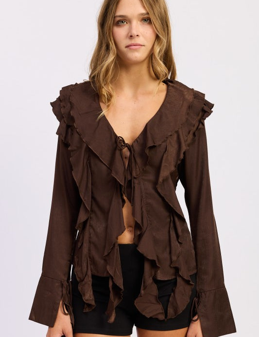 CHOCOLATE TIE FRONT RUFFLED TOP | Daverri Fashions