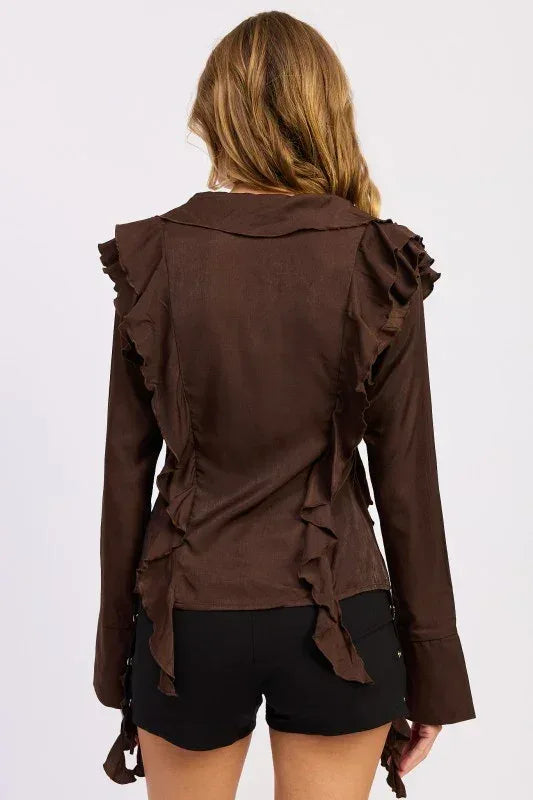 Tie Front Ruffled Top - DAVERRI FASHIONS