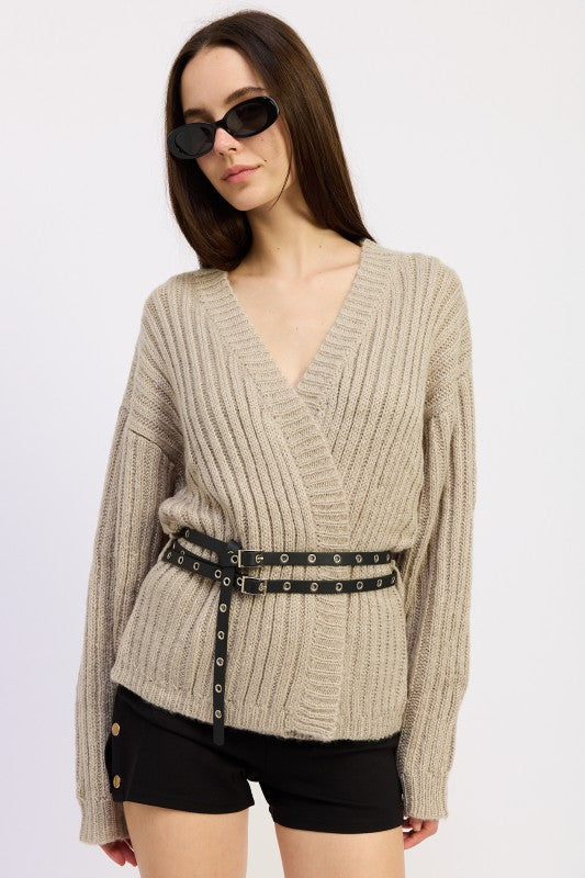 WARM GREY Wrapped Cardigan with Belt | Cardigans Daverri Fashions