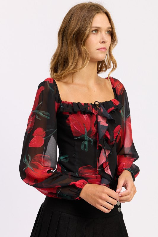 FLORAL LONG SLEEVE RUFFLED TOP | Blouses Daverri Fashions