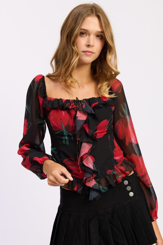 BLACK RED FLORAL LONG SLEEVE RUFFLED TOP | Blouses Daverri Fashions