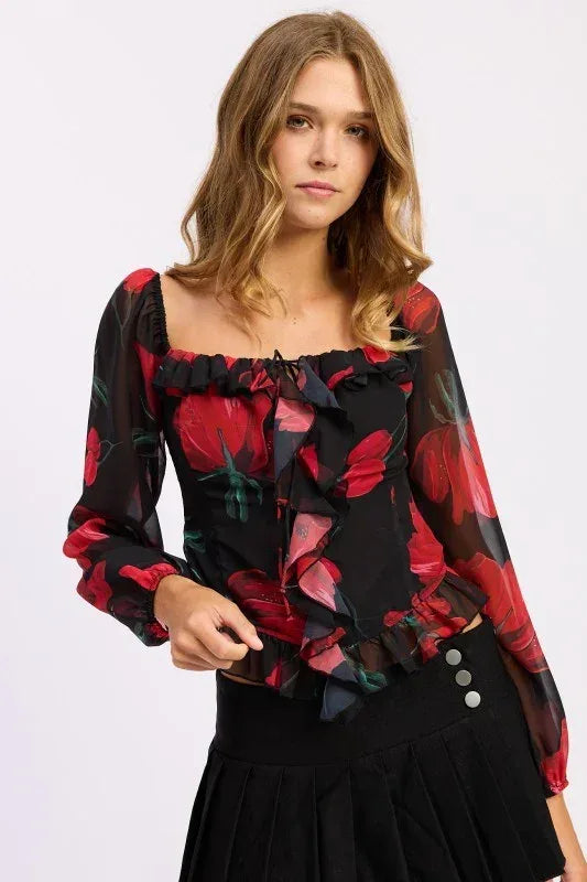 FLORAL LONG SLEEVE RUFFLED TOP - DAVERRI FASHIONS