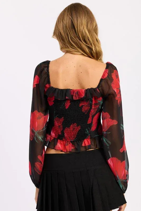 FLORAL LONG SLEEVE RUFFLED TOP - DAVERRI FASHIONS
