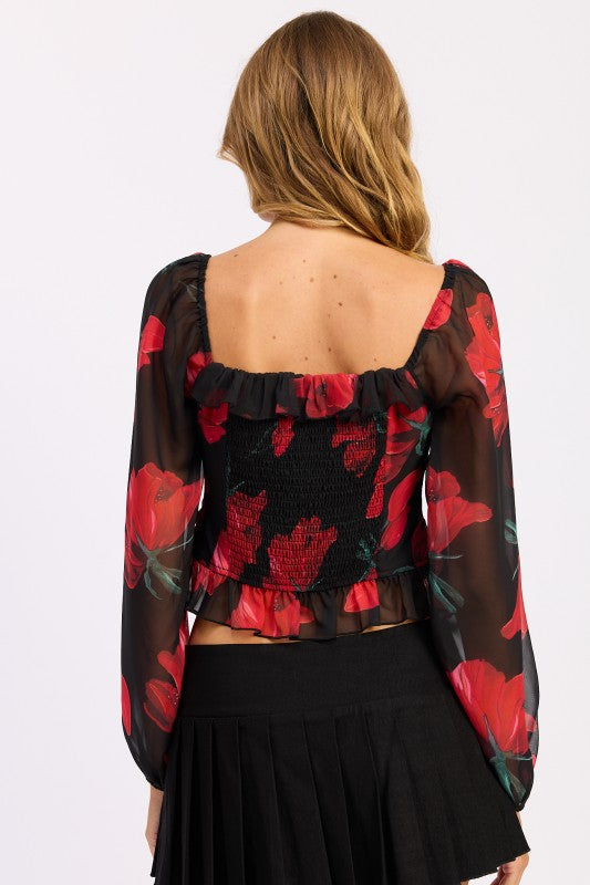 FLORAL LONG SLEEVE RUFFLED TOP | Blouses Daverri Fashions