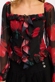 FLORAL LONG SLEEVE RUFFLED TOP | Blouses Daverri Fashions