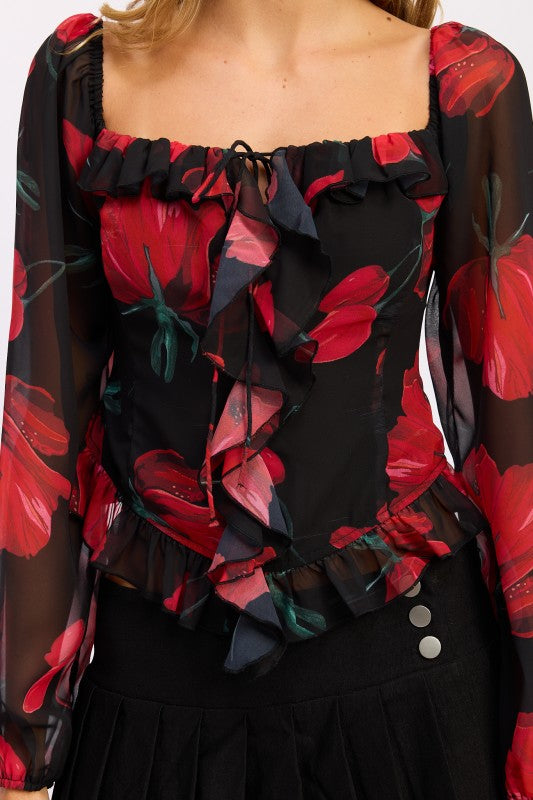 FLORAL LONG SLEEVE RUFFLED TOP | Blouses Daverri Fashions