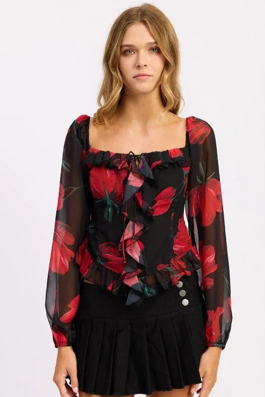 FLORAL LONG SLEEVE RUFFLED TOP - DAVERRI FASHIONS
