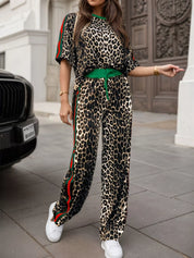 Dark Green Leopard Round Neck Top and Pants Two-Piece Set | Loungewear Sets Daverri Fashions