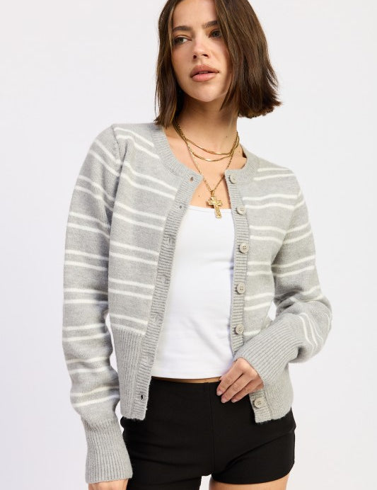 HEATHER GREY STRIPE Button Down Striped Cardigan | Cardigans Daverri Fashions