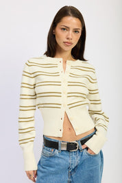 IVORY OLIVE STRIPE Button Down Striped Cardigan | Cardigans Daverri Fashions