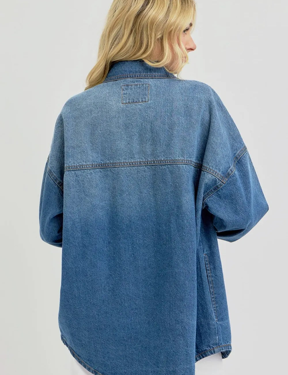 RISEN Full Size Snap Down Long Sleeve Denim Shacket | Shackets Daverri Fashions