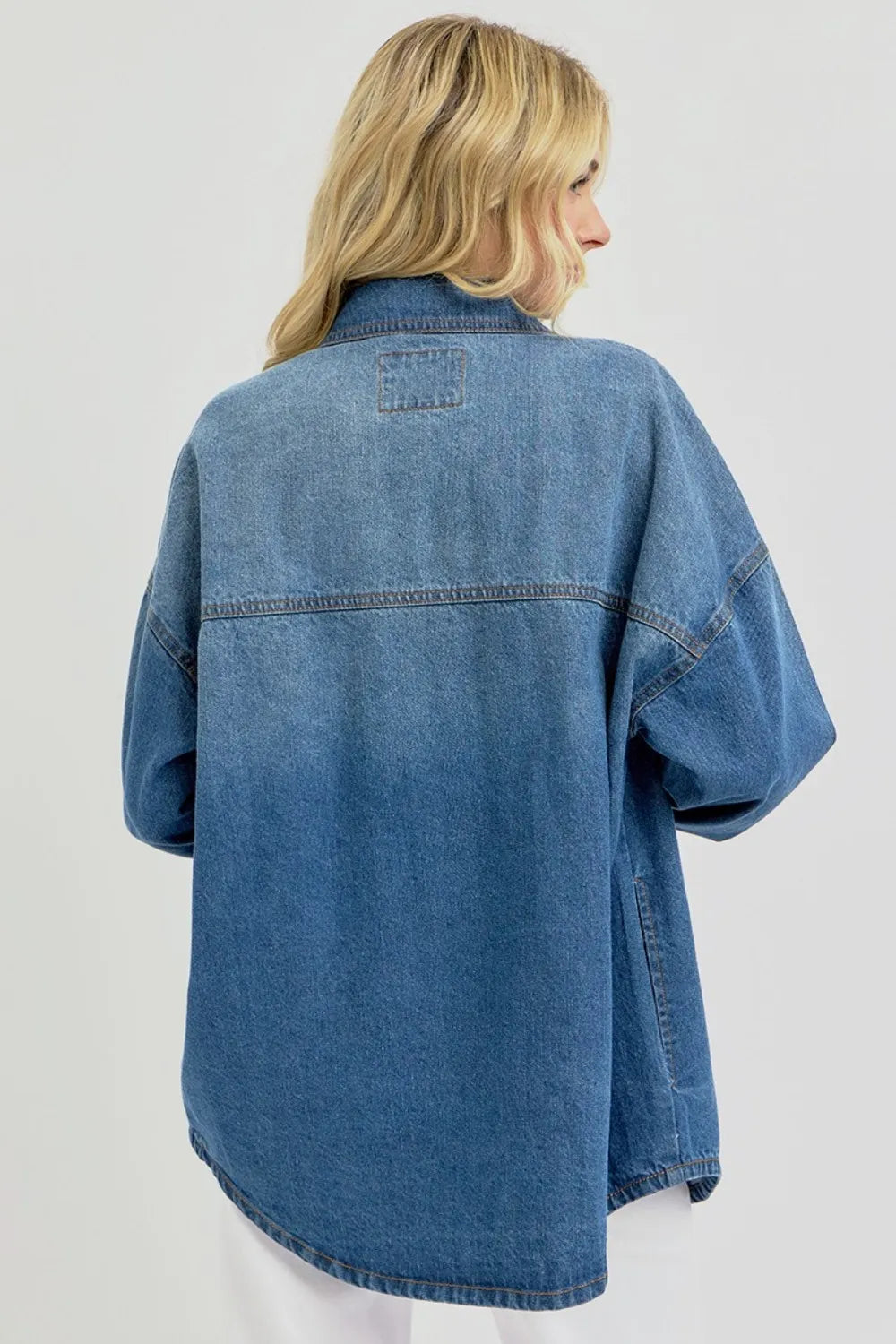 RISEN Full Size Snap Down Long Sleeve Denim Shacket Shackets