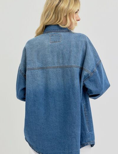 RISEN Full Size Snap Down Long Sleeve Denim Shacket