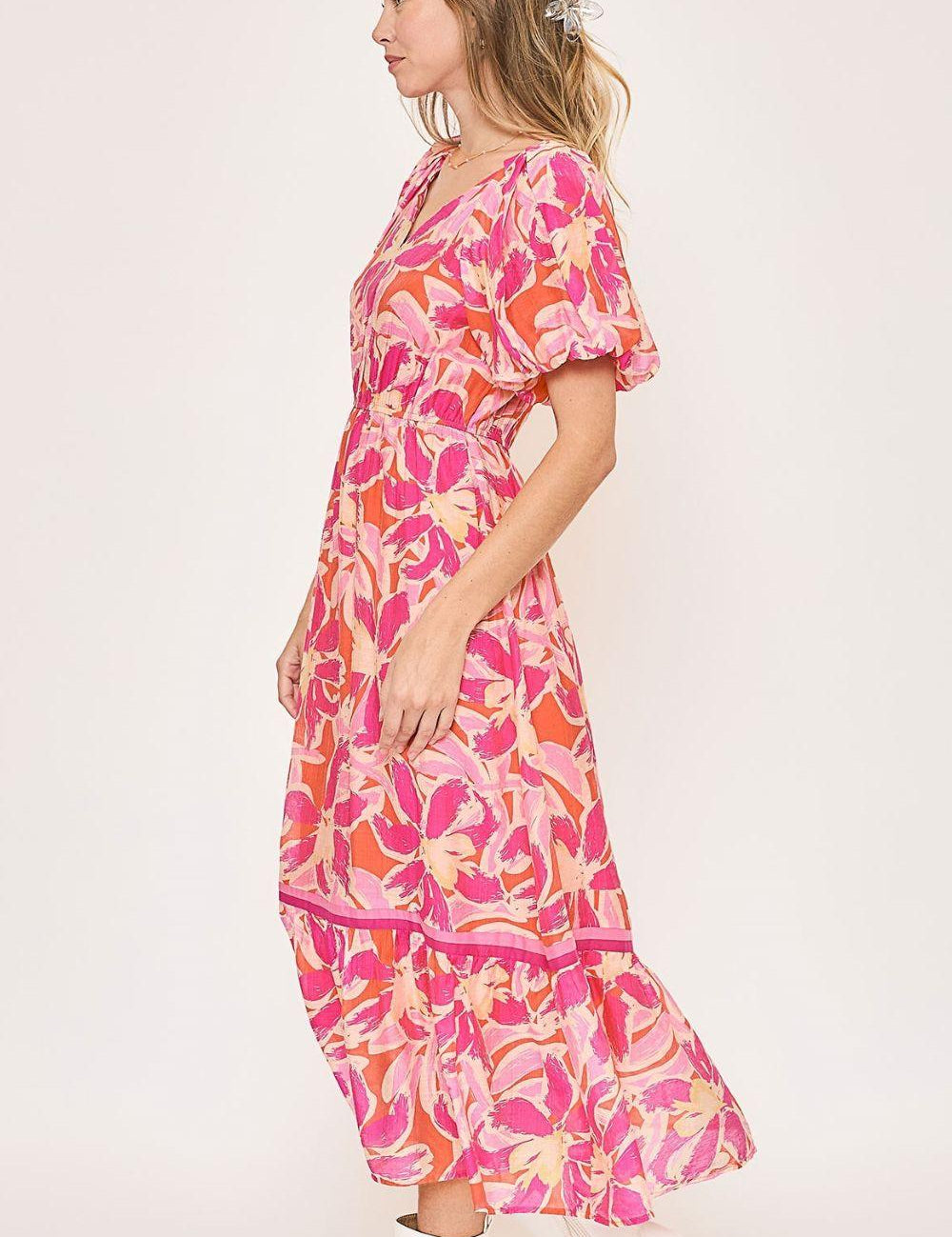 Umgee Floral Notched Puff Sleeve Midi Dress | Midi Dresses Daverri Fashions
