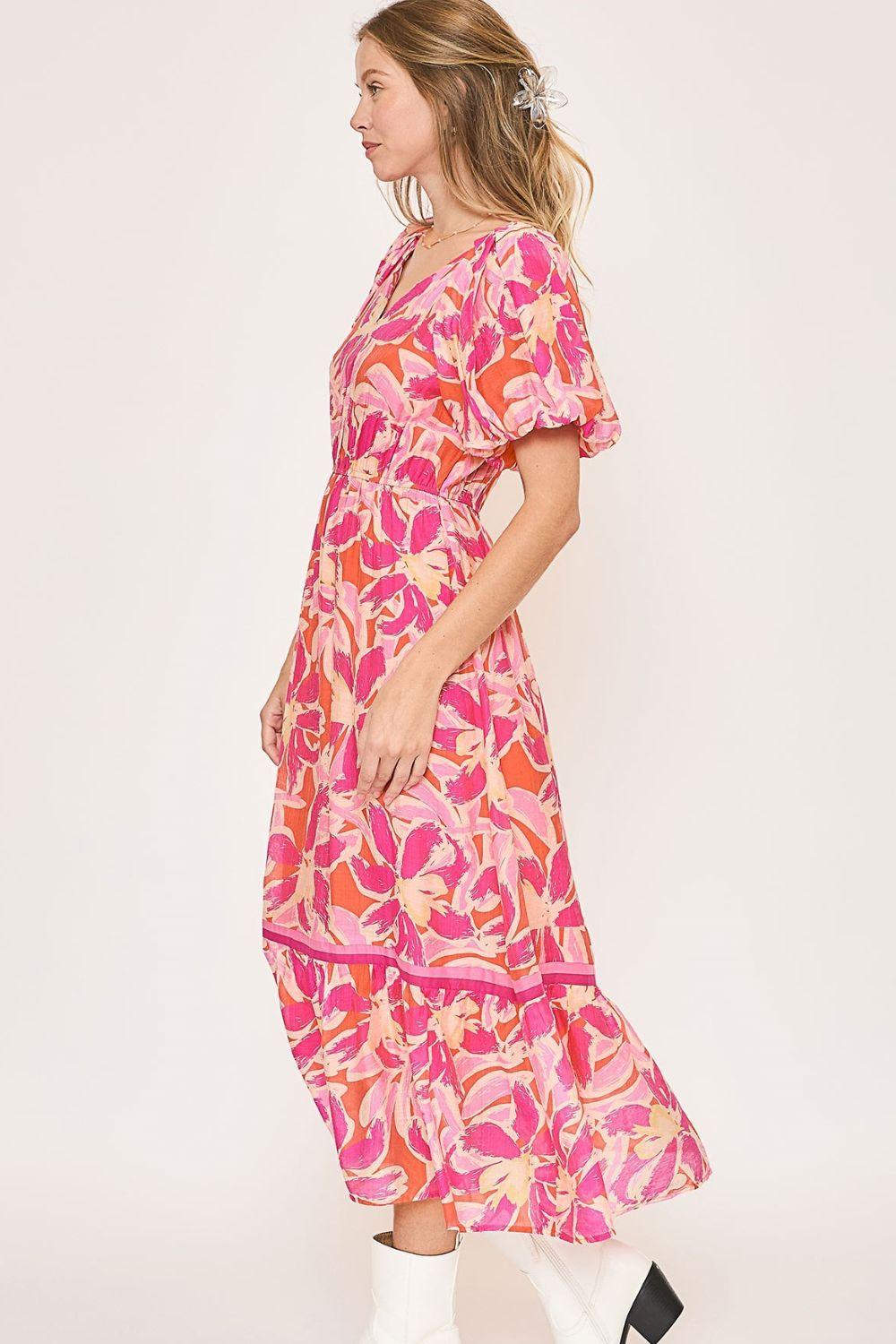 Umgee Floral Notched Puff Sleeve Midi Dress Midi Dresses