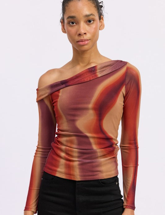 RUST MULTI Asymmetrical Off Shoulder Mesh Top | Tops Daverri Fashions