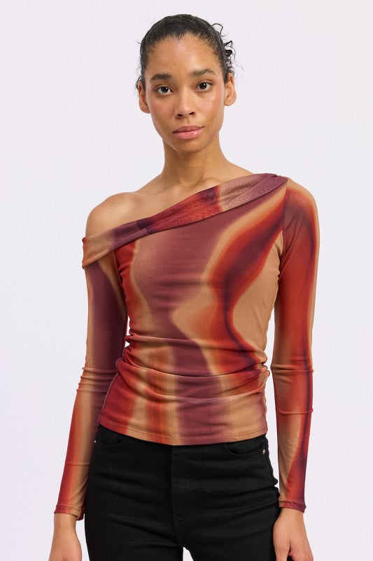 RUST MULTI Asymmetrical Off Shoulder Mesh Top | Tops Daverri Fashions