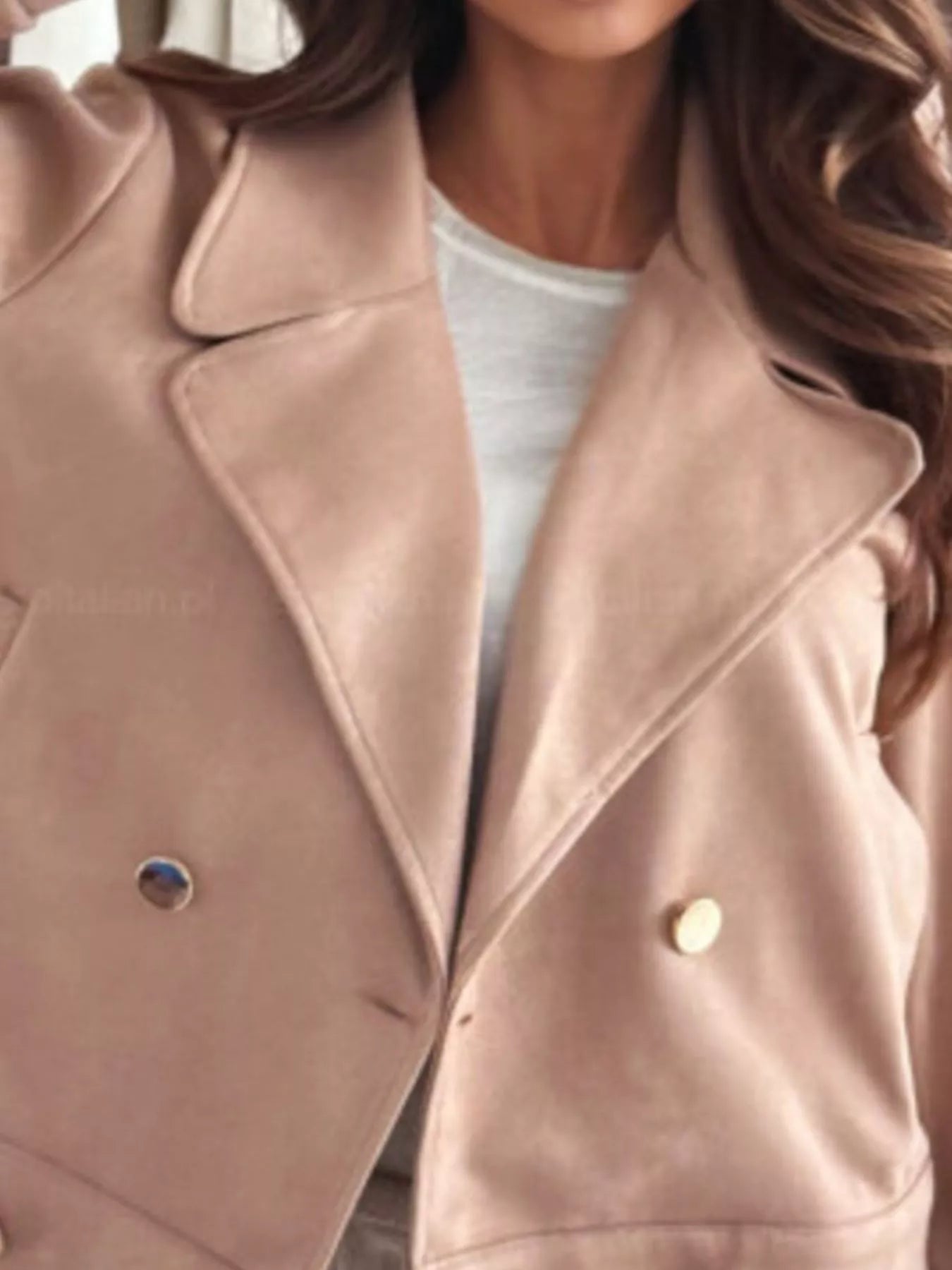 Daverri soft blush suede double-breasted blazer with gold buttons