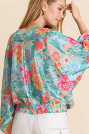 Floral Print Smocked Back Hem V-Neck Blouse Plus Size | Blouses Daverri Fashions