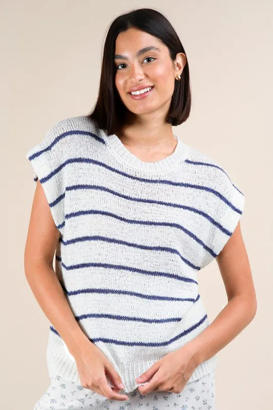 VERY J Striped Knit Sweater Vest Top White