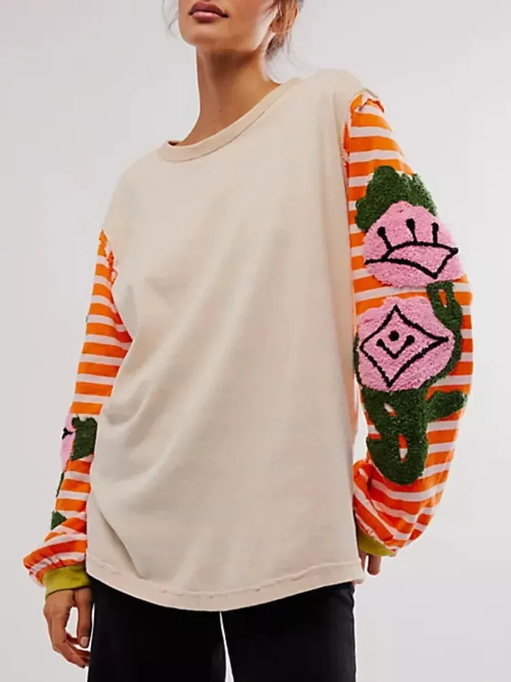 Striped Round Neck Long Sleeve Sweatshirt - DAVERRI FASHIONS