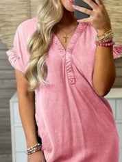 Full Size V-Neck Short Sleeve Denim Dress Plus Size | Daverri Fashions