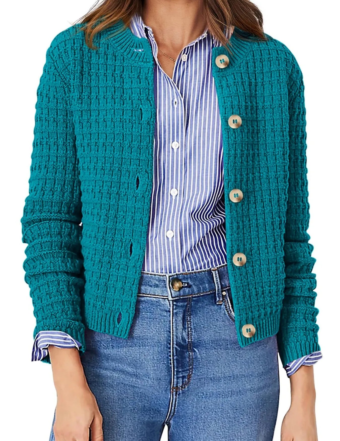 Peacock Blue Textured Knit Button-Front Cardigan | Cardigans Daverri Fashions