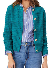 Peacock Blue Textured Knit Button-Front Cardigan | Cardigans Daverri Fashions