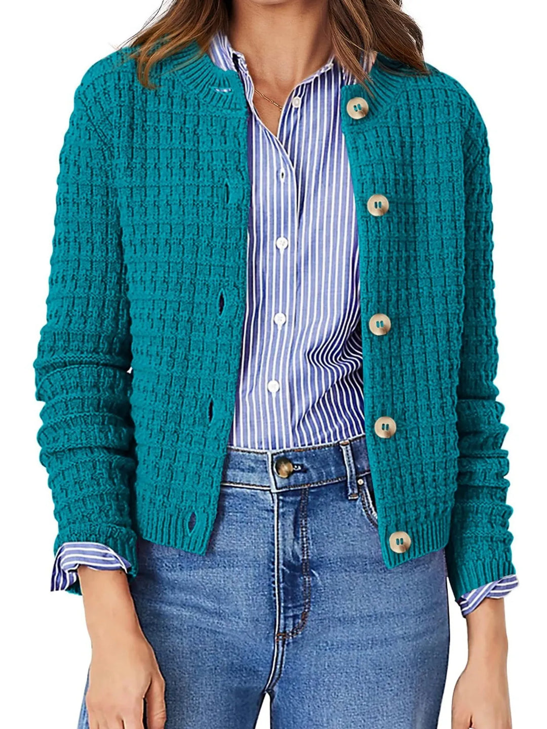 Peacock Blue Textured Knit Button-Front Cardigan | Cardigans Daverri Fashions