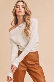 White L Aemi + Co One Shoulder Long Sleeve Knit Top | Tops Daverri Fashions