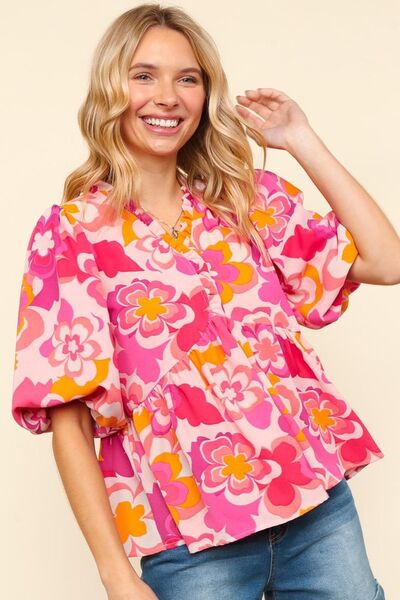 Haptics Full Size Frill Floral Puff Sleeve Blouse