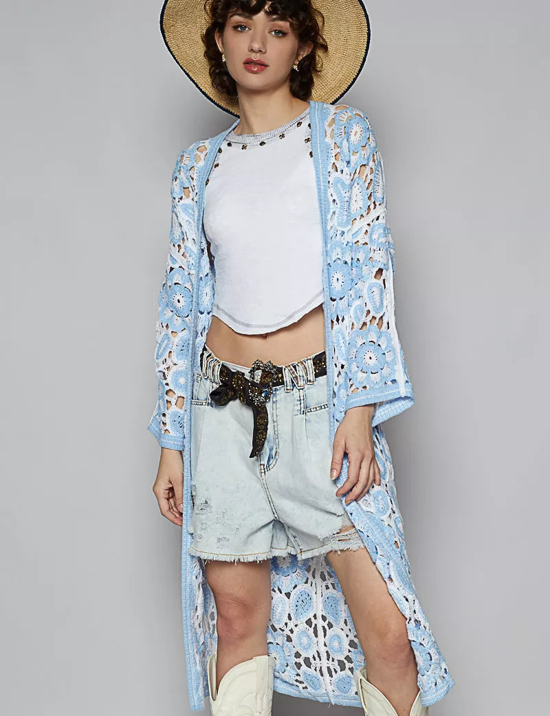 Blue One Size POL Open Front Crochet Cardigan with Knit Weave Patterns | Cardigans Daverri Fashions