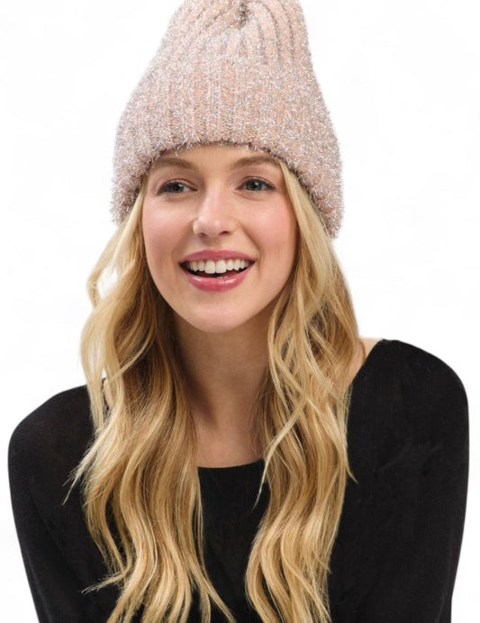 Pink O S Lurex Fuzzy Winter Beanie | Daverri Fashions