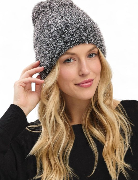 Black O S Lurex Fuzzy Winter Beanie | Daverri Fashions